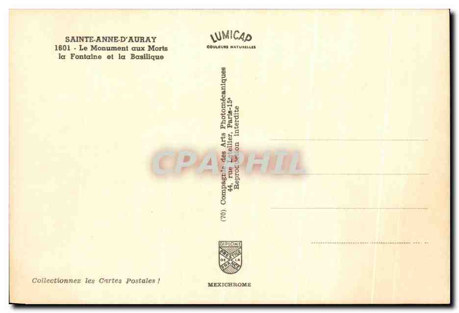 CPM Saint Anne D Auray Le Monument aux Morts — Verso