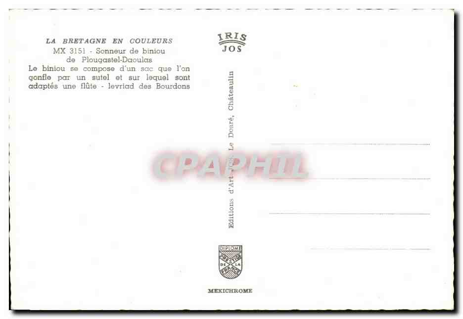 CPM La Bretagne En Coueurs Sonneur de Biniou de Plougastel Daoulas Folklore — Verso
