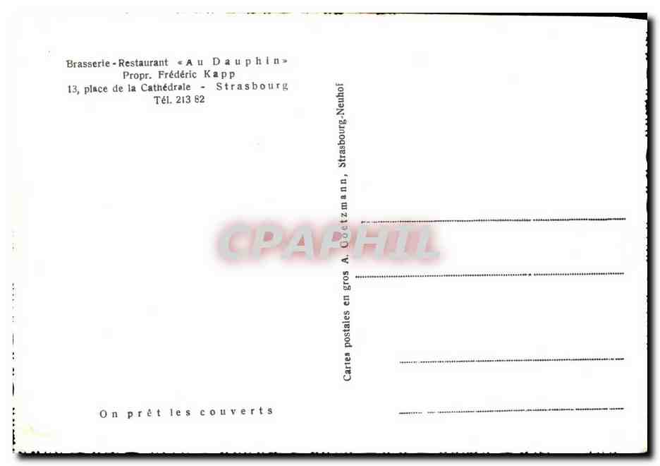 CPM Hotel Restaurant Au Dauphin Frederic Kapp Place de la cathedrale Strasbourg — Verso