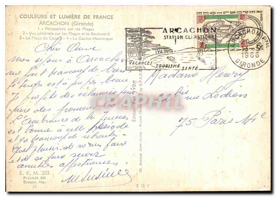 Arcachon — Vue générale des plages, boulevard, casino et jardin — Édition Jean-Jaures — Achterkant