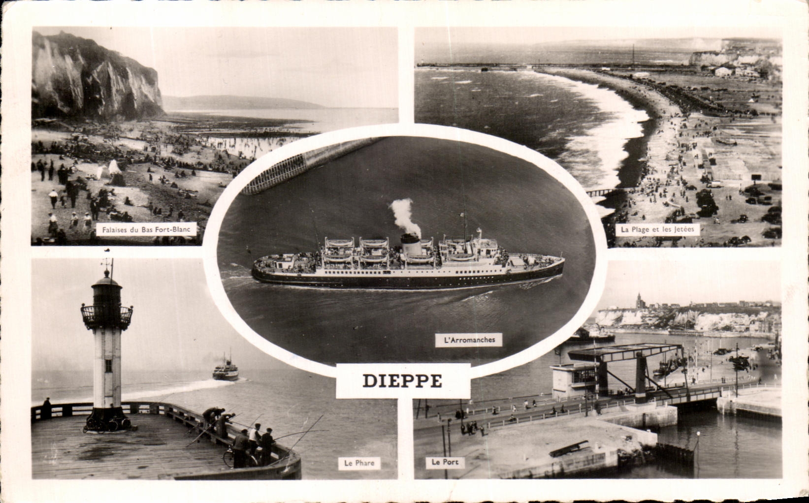 CPSM Dieppe L Arromanches Bateau Paquebot Falaises du Bas Fort Blanc Phare Le port