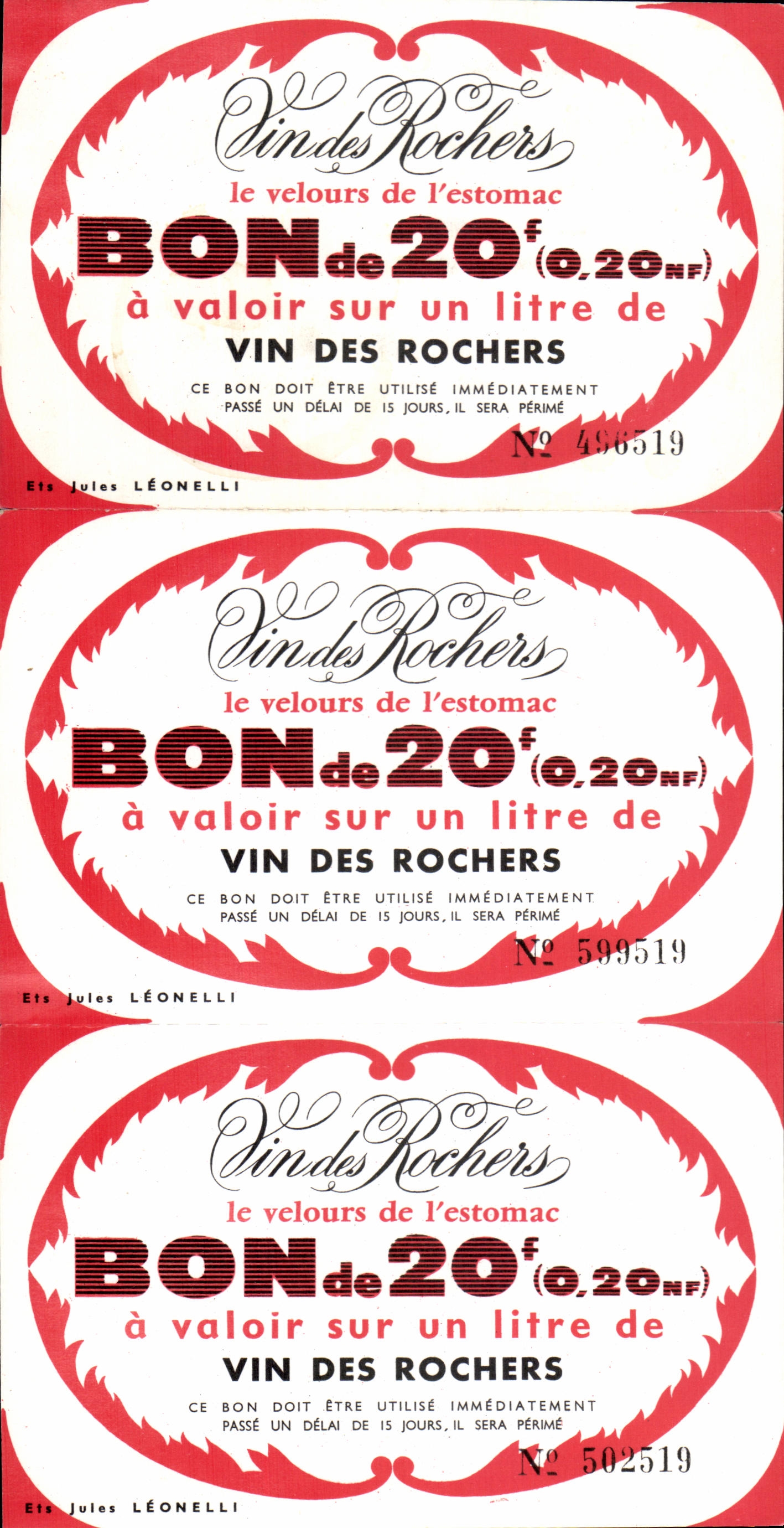 Bon de 20 francs sur un litre de Vin des Rochers — Ets Jules LÉONELLI — N° 496519, 599519, 502519
