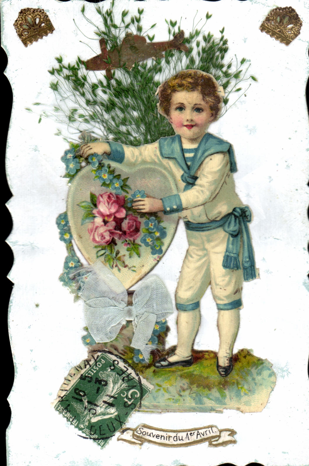 CPA Fantaisie Enfant Fleurs 1er avril Coeur 