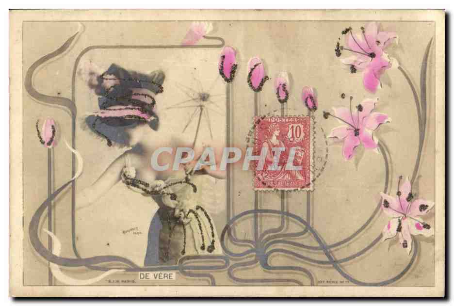 Femme en chapeau et parapluie — décor floral Art Nouveau — E.J.M. Paris, série n° 17