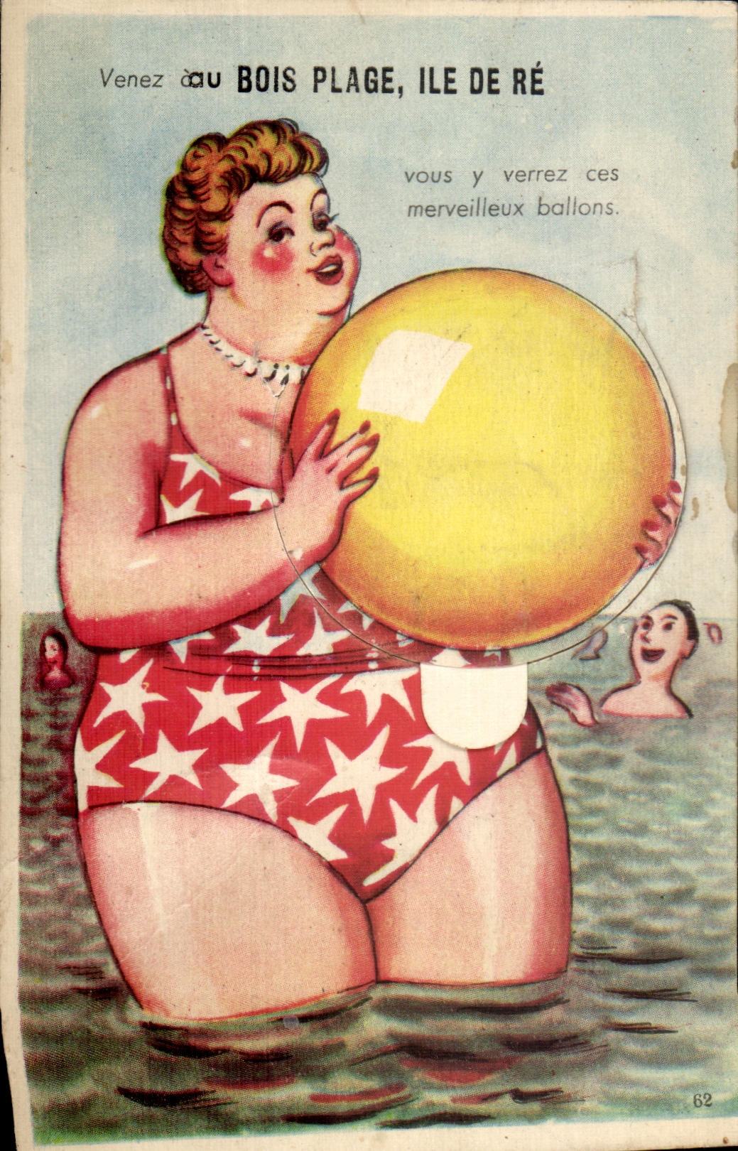 Femme en maillot à étoiles tenant un ballon — Bois Plage, Île de Ré — J. Nozais, Nantes, n°62