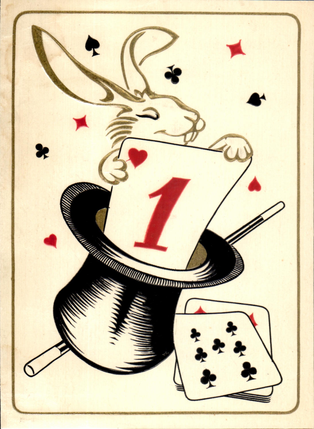 CPA Carte a jouer Lapin sortant du chapeau