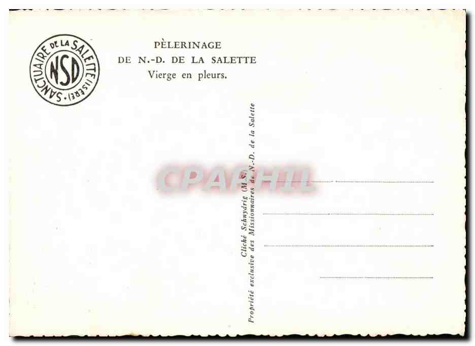 Vierge en pleurs — Sanctuaire de N.-D. de La Salette — Cliché exclusif des Missionnaires de N.-D. de La Salette — Reverso