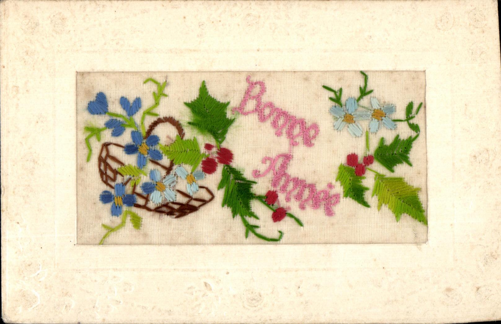 CPA Fantaisie Brodee Fleurs Bonne Annee