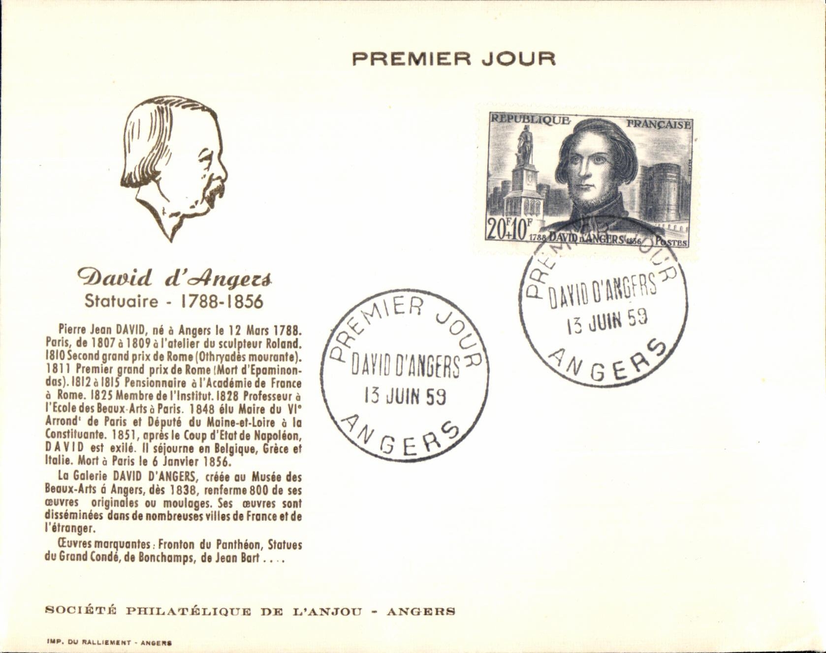 FDC David D Angers Premier Jour 1959 Statuaire Angers