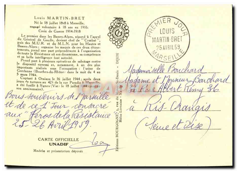 Carte Maximum Louis Martin Bret Heors de la Resistance — Rückseite