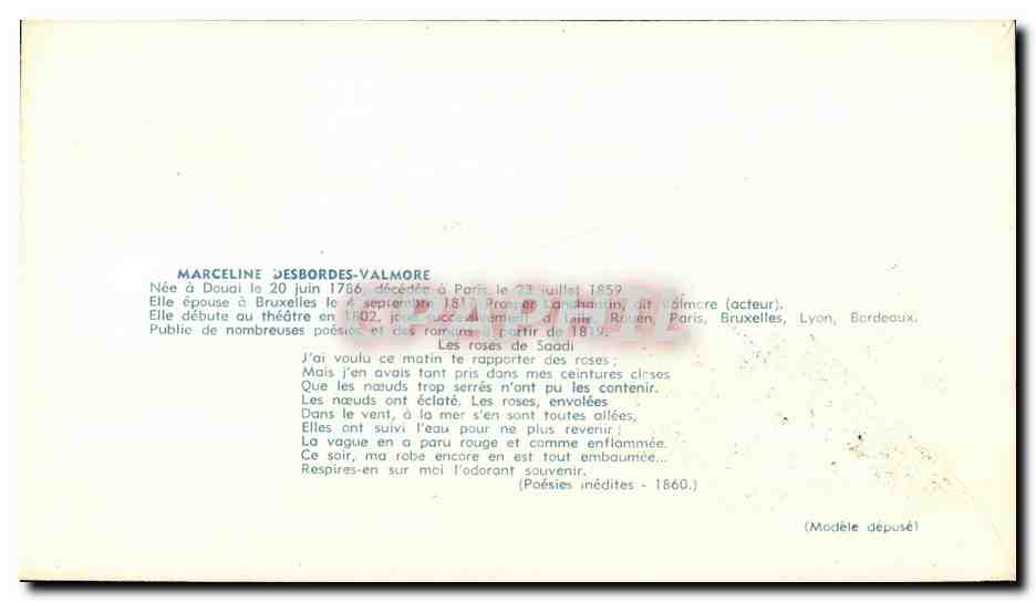 FDC Premier Jour D Emission Marceline Desbordes Valmore Douai — Rückseite