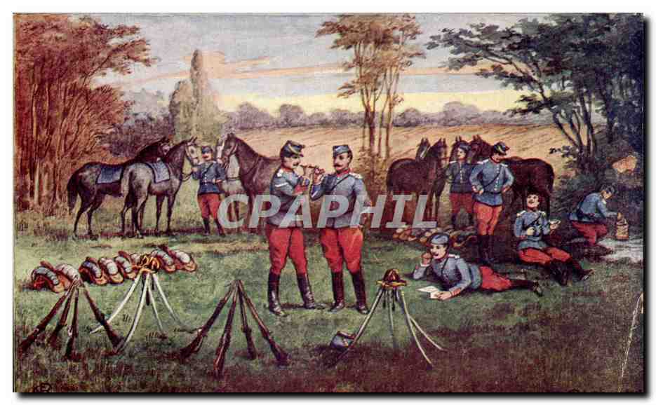 CPA Chasseurs a cheval Le bivouac Publicite Lotion capillaire Coudray Paris 