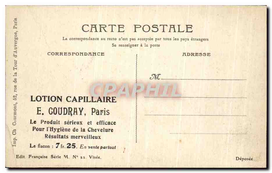 CPA Chasseurs a cheval Le bivouac Publicite Lotion capillaire Coudray Paris  — Rückseite