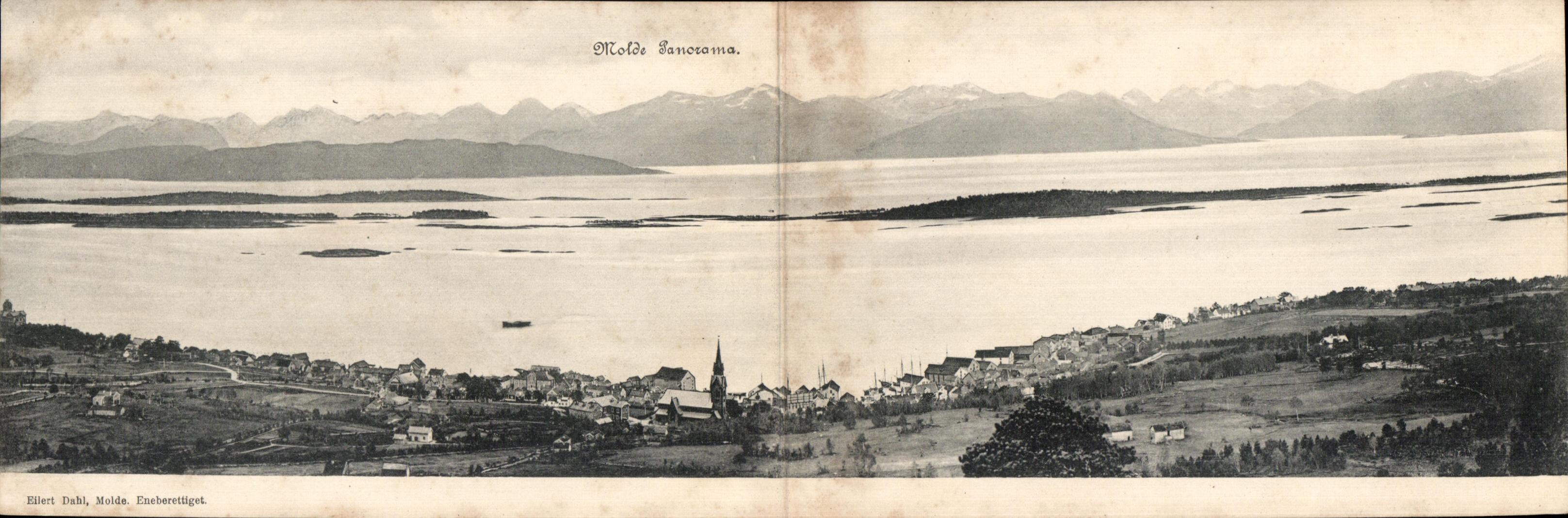 Molde panoramique — vue sur le fjord et les montagnes — Éditeur : Ellert Dahl, Molde, Eneberettiget