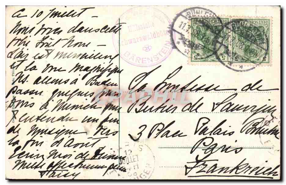 CPA Schwarzwald Hotel Barenstein Baden — Rückseite