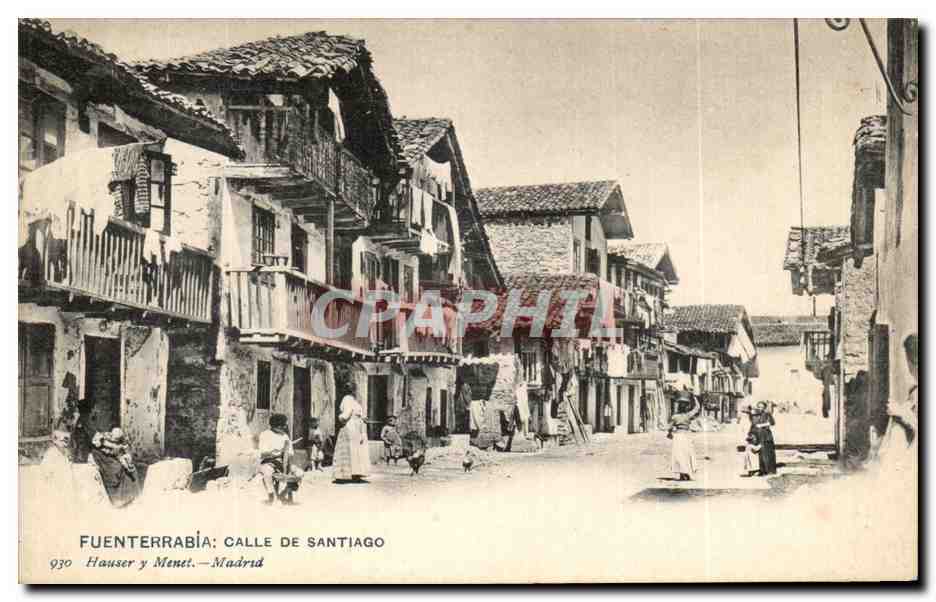 Fuenterrabía: Calle de Santiago — vue de rue avec bâtiments et habitants — éditeur Hauser y Menet, n° 930
