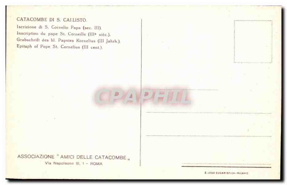 CPA Rome Catacombe di S Callisto Iscrizione di S Cornelio Papa — Rückseite
