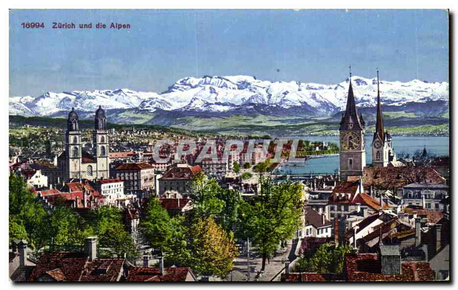 Zurich und die Alpen — vue panoramique avec montagnes enneigées — Wehrli-Verlag Kilohberg b. Zürich