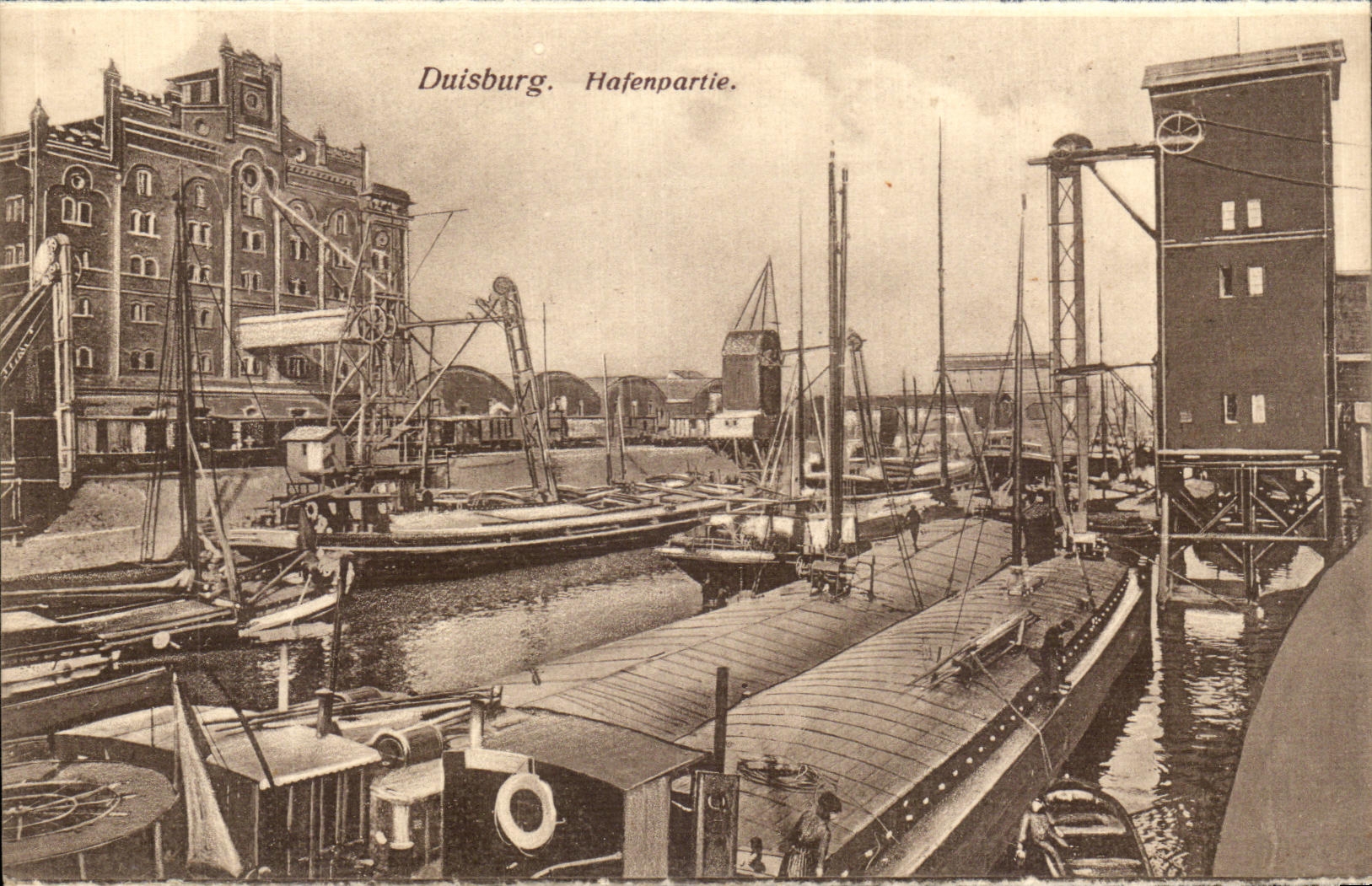 CPA Duisburg Hafenpartie Bateaux