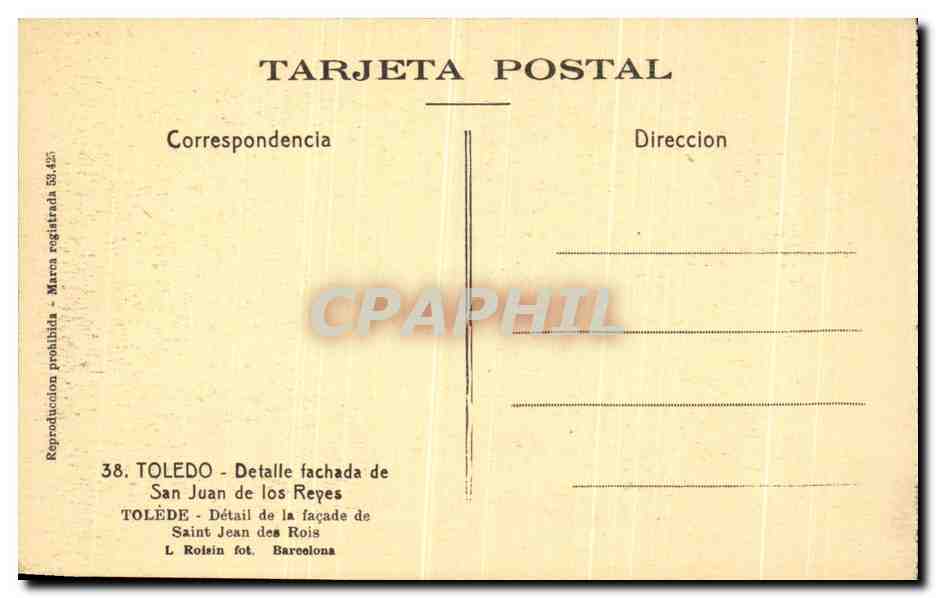 CPA Toledo Detalle Fachade De San Juan de Los Reyes  — Back