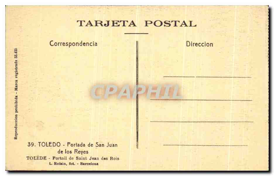CPA Toledo Portada De San Juan De Los Reyes  — Rückseite