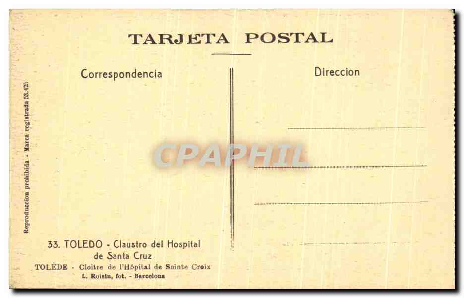 CPA Toledo Claustro Del Hospital de Santa Cruz  — Back