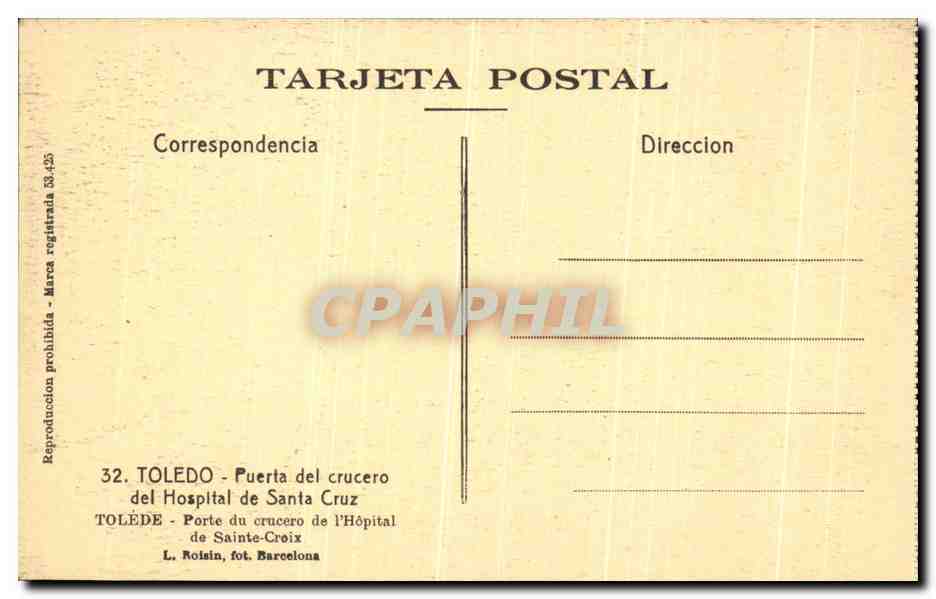 CPA Toledo Puerta Del Crucero del Hospital de Santa Cruz — Rückseite