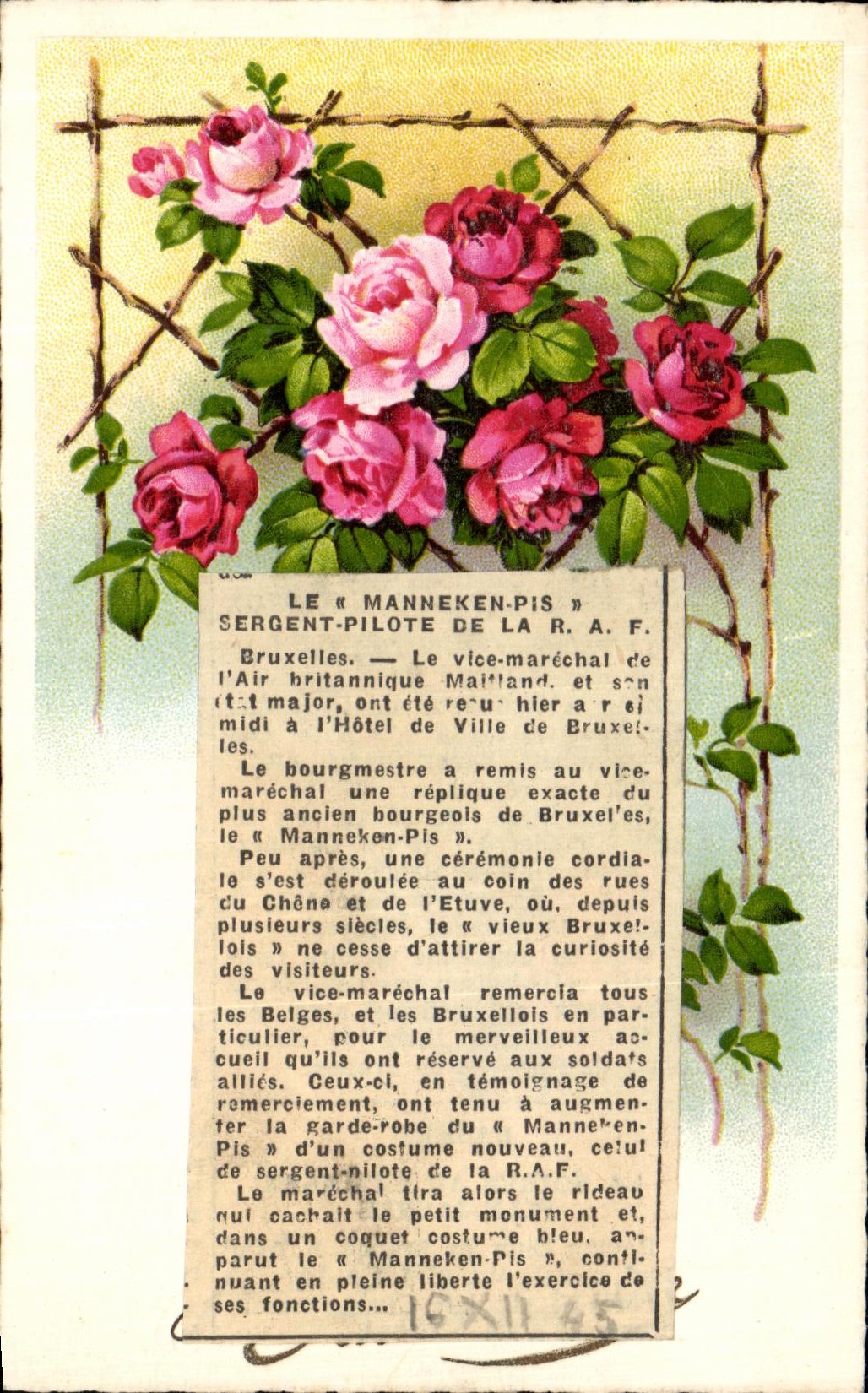 CPA feuillet Le Manneken segent pilote de la TAF colle sur CPA fleurs 
