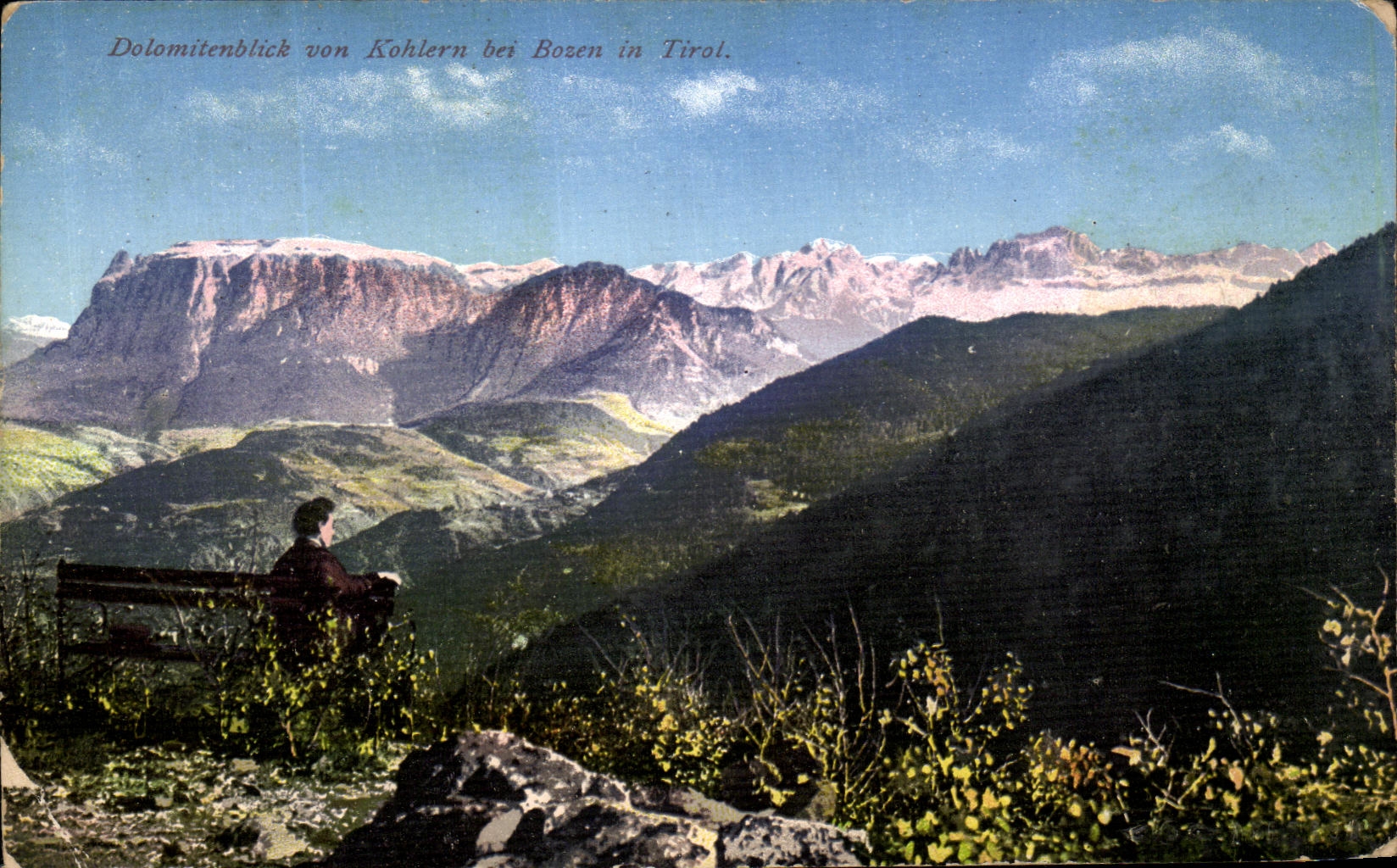 Vue des Dolomites depuis Kohlern près de Bozen en Tyrol — éditeur M. Ammon, Bozen, n° M 10376