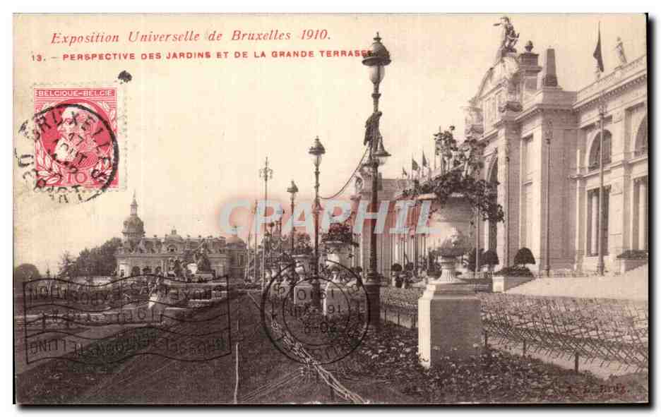 CPA Perspective des Jardins Et De la Grande terrasse Exposition universelle de Bruxelles 1910 