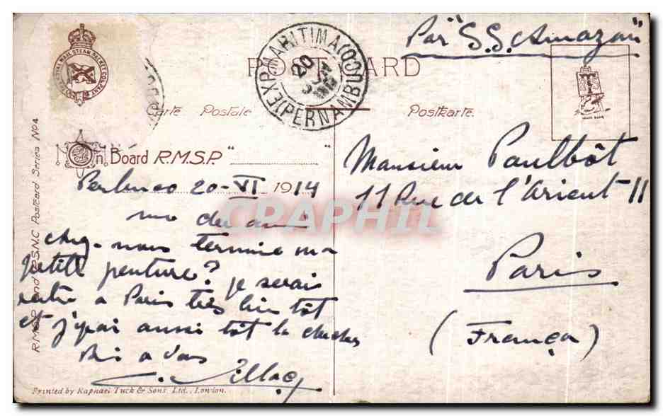 CPA Pernambuco Ponte De Santa Izabel par SS Amazon Bresil — Rückseite