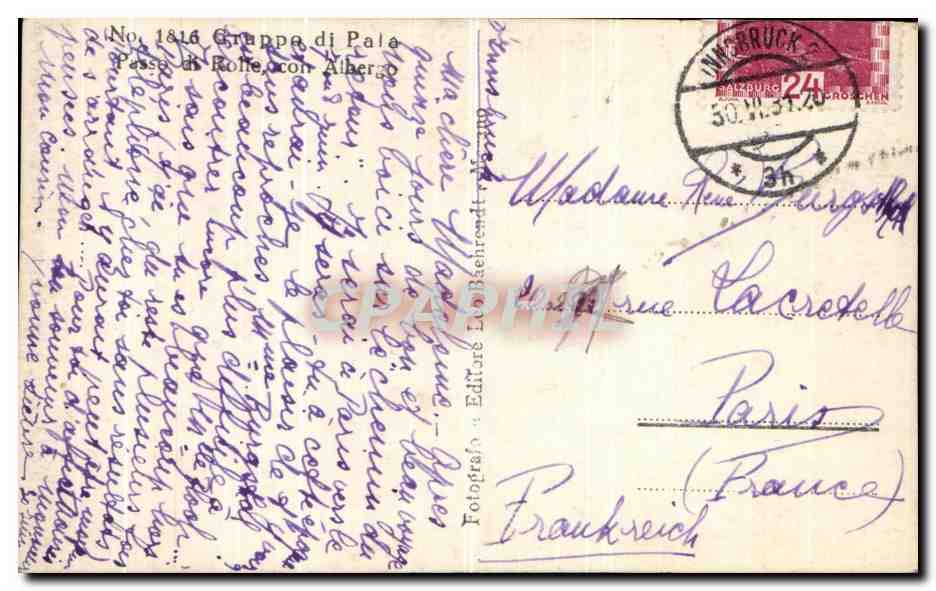 CPA Grappe i Pala Alberto Vezzana Passo Rolle  — Rückseite