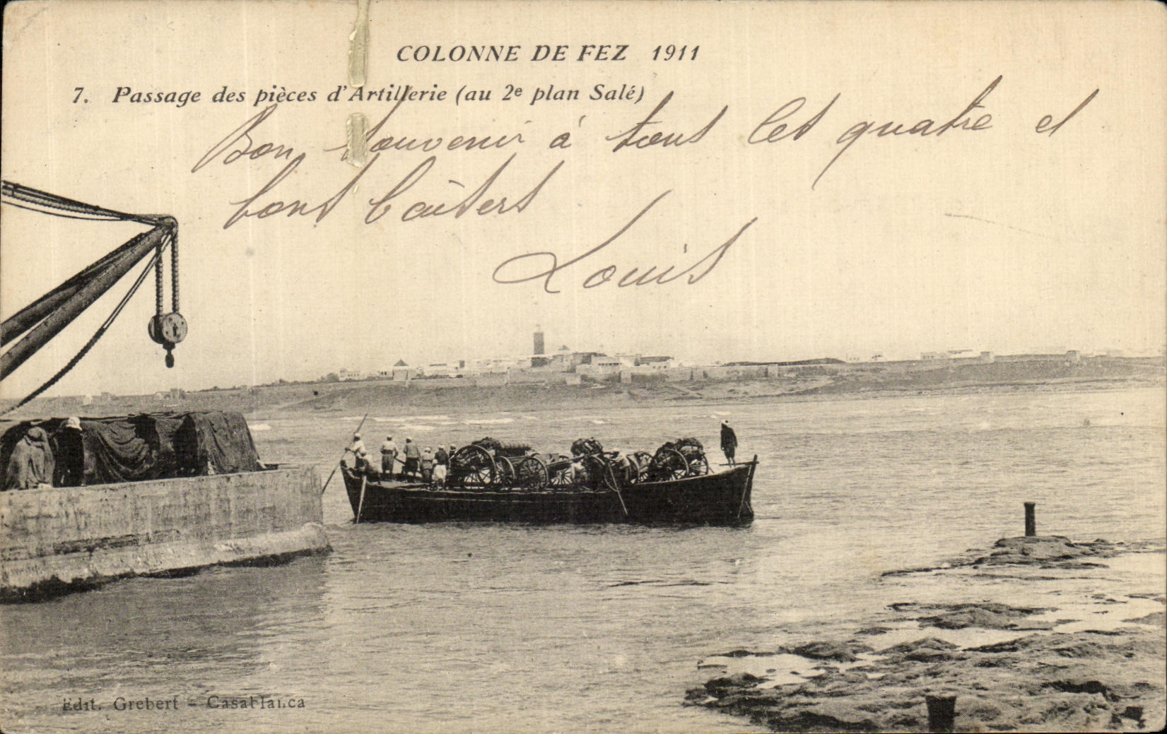 Colonnes de Fez 1911 — Passage des pièces d'artillerie (au 2e plan Salé) — Édit. Grebert - Casablanca
