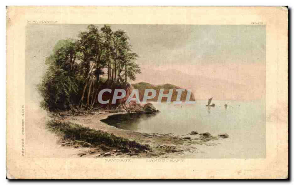 Paysage — bord de mer avec rochers et arbres — P.W. HAYES, série Dorfors 4013