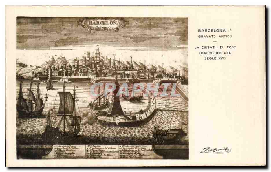 Barcelone - La cité et le port du XVIe siècle — gravure ancienne, éd. ZerKowitz, n°1