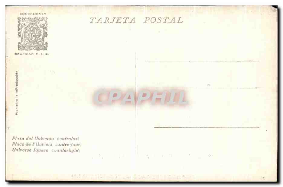Fondation de l'Exposition Internationale de Barcelone 1929 — Place de l'Univers — Éditeur: Gráficas E.I.M. — Rückseite