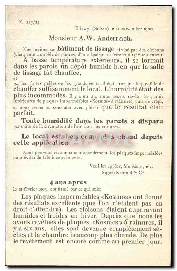 Tissage à Eriswyl (Suisse) — usine Schmid & Cie — A.W. Andernach — Verso