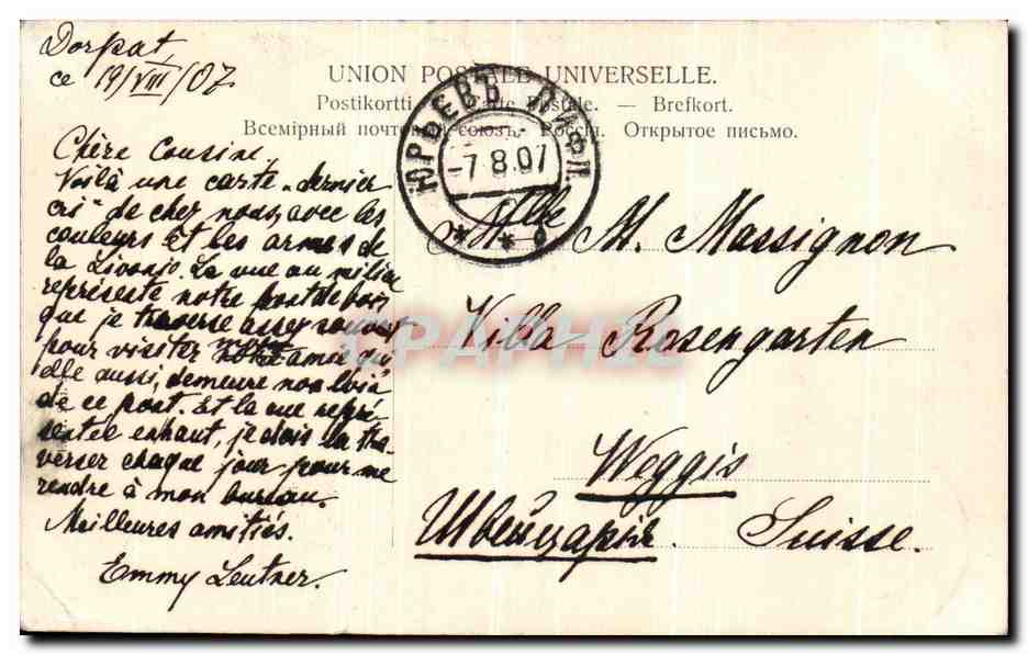 Dorpat — Künn-Strasse, Holzbrücke, Neumarktstrasse — éditeur inconnu, n° de série non visible — Verso