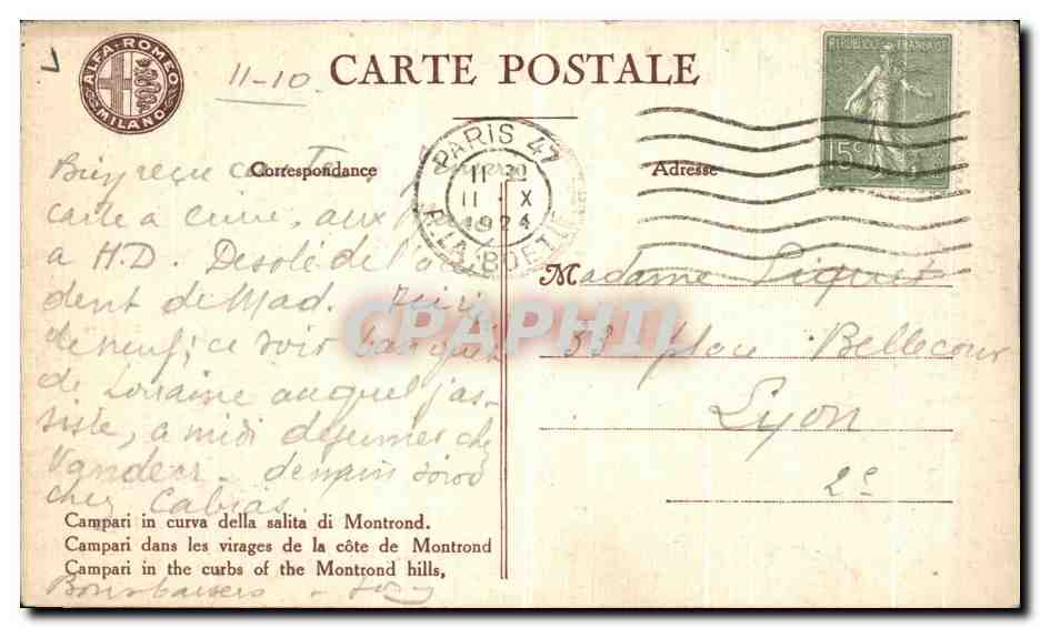 CPA Campari dans les virages de la cote de montrond Course automobile  — Verso