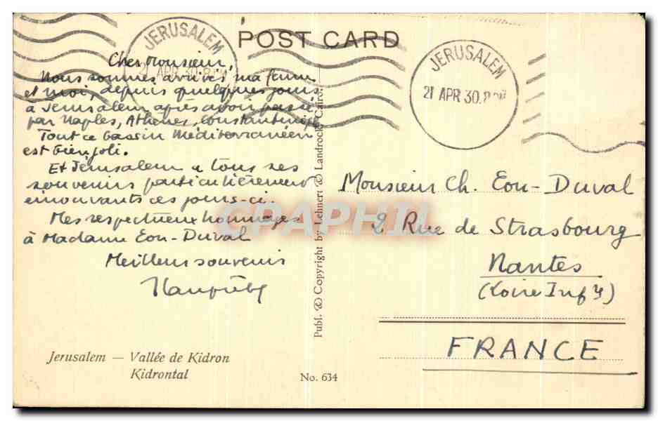 Jérusalem - Vallée de Kidron — éditeur Leinert, n° 634 — Verso