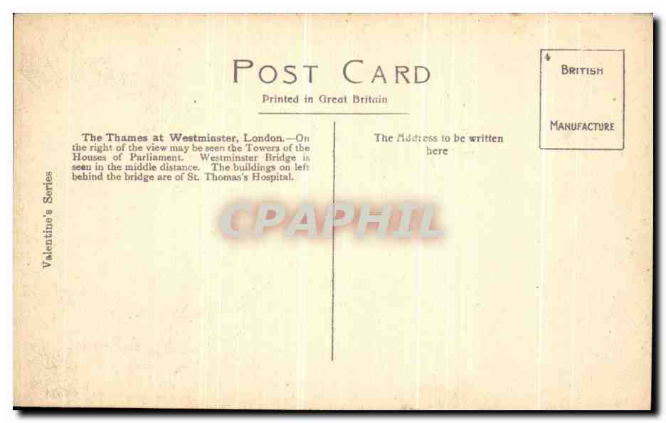 CPA The Thames at Westminster London — Rückseite