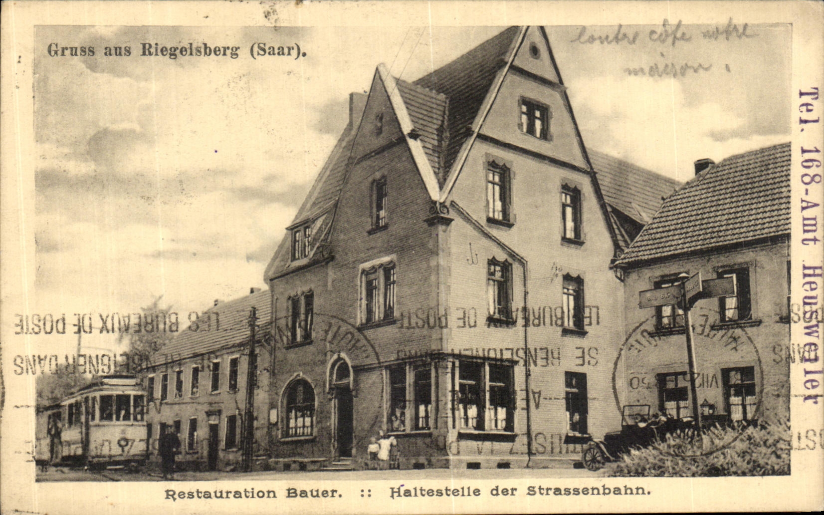 CPA Restauration Bauer Haltestella Der Strassenbahn Gruss aus Riegelsberg 