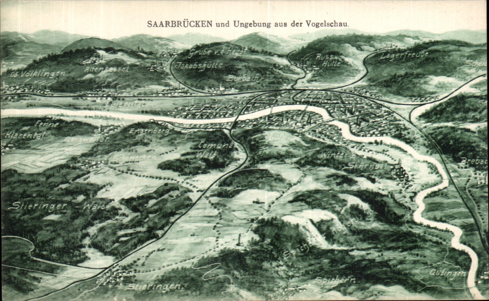 Saarbrücken und Umgebung aus der Vogelschau — Éditeur Emil Hartmann Mannheim