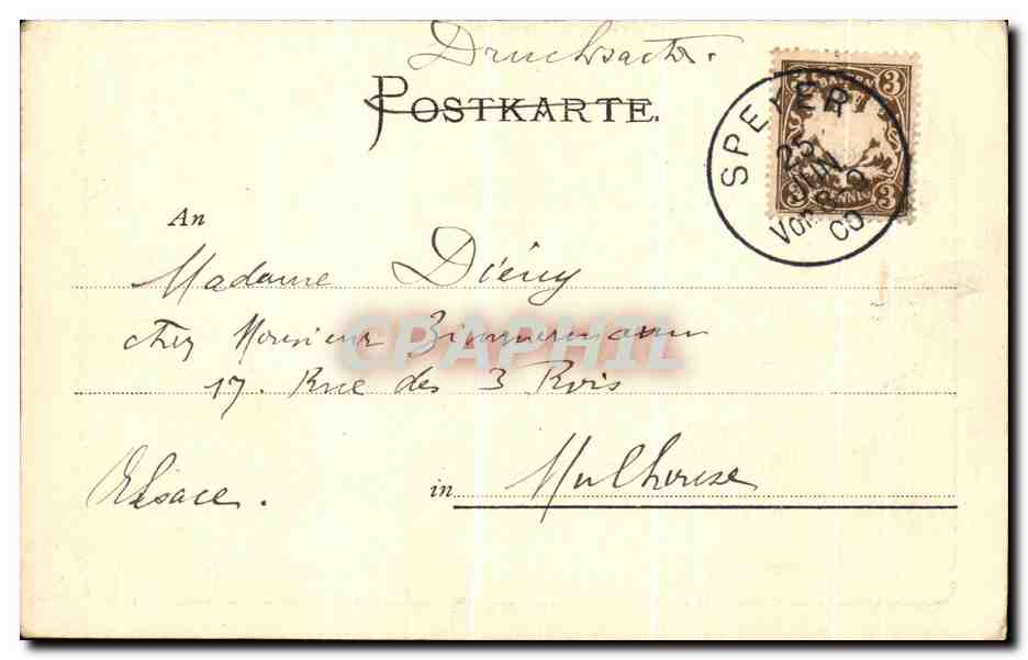 CPA Gruss aus Speyer Museum Real und Frauenarbeits Schule — Rückseite