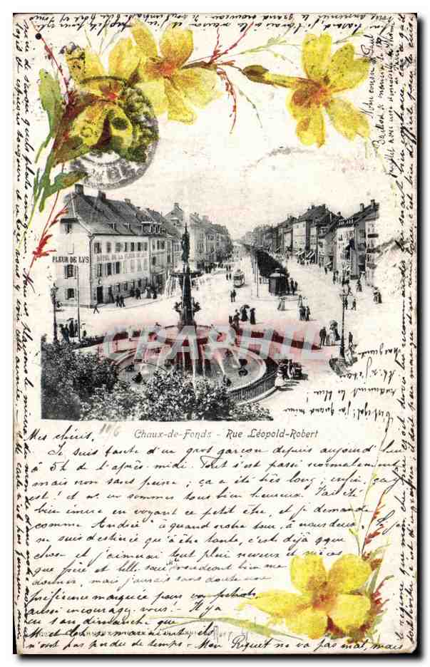 Chaux-de-Fonds - Rue Léopold-Robert — vue de la place avec fontaine et bâtiments — éditeur Fleur de Lys