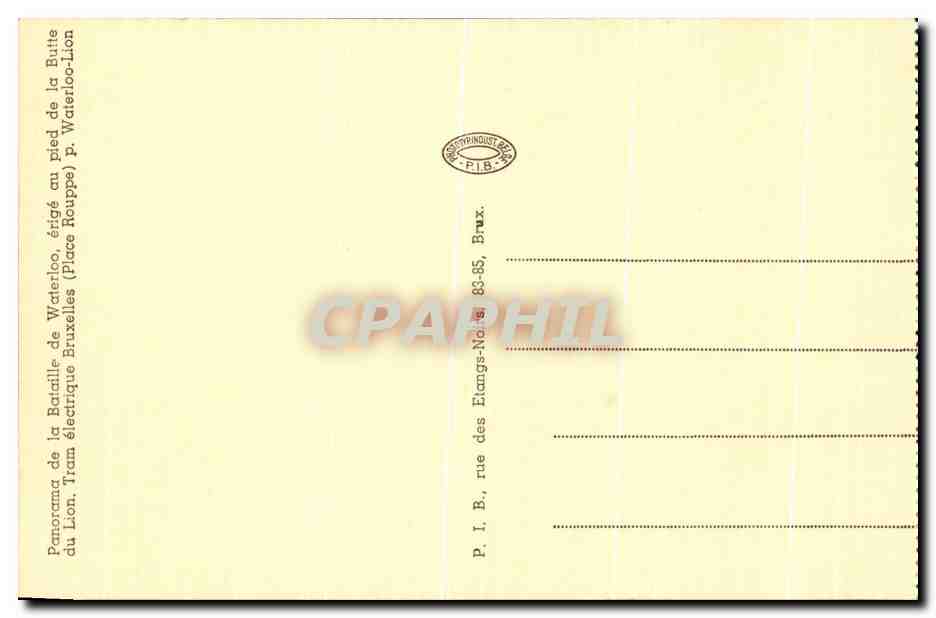 Bataille de Waterloo — Panorama de la bataille — éditeur P.I.B., Bruxelles — Verso