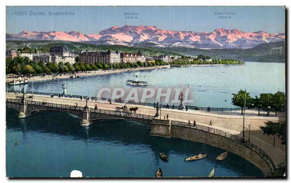 Zurich, Quai-Brücke — vue sur le lac avec les monts Giärnlich et Säue Faulen — Édition Photoglobe, n° 5307