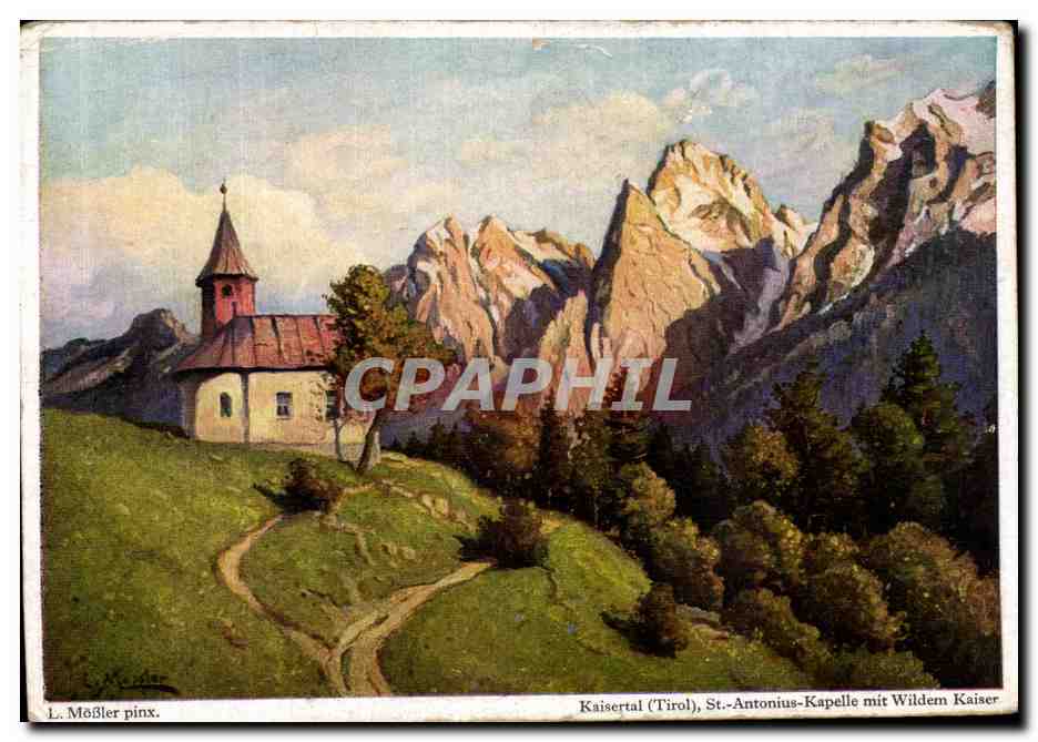 Kaisertal (Tirol) — St.-Antonius-Kapelle mit Wildem Kaiser — L. Mößler pinx.
