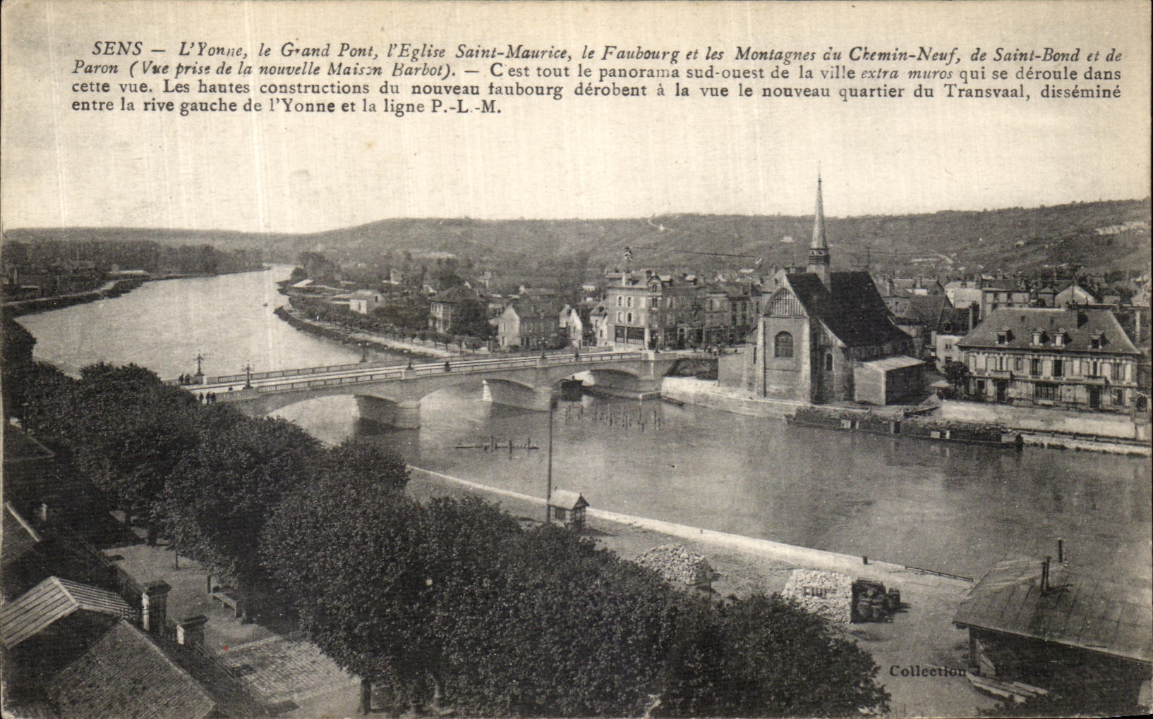 Sens — L'Yonne, le Grand Pont, l'Église Saint-Maurice, le Faubourg et les Montagnes du Chemin-Neuf — vue prise de la nouvelle Maison Barbott