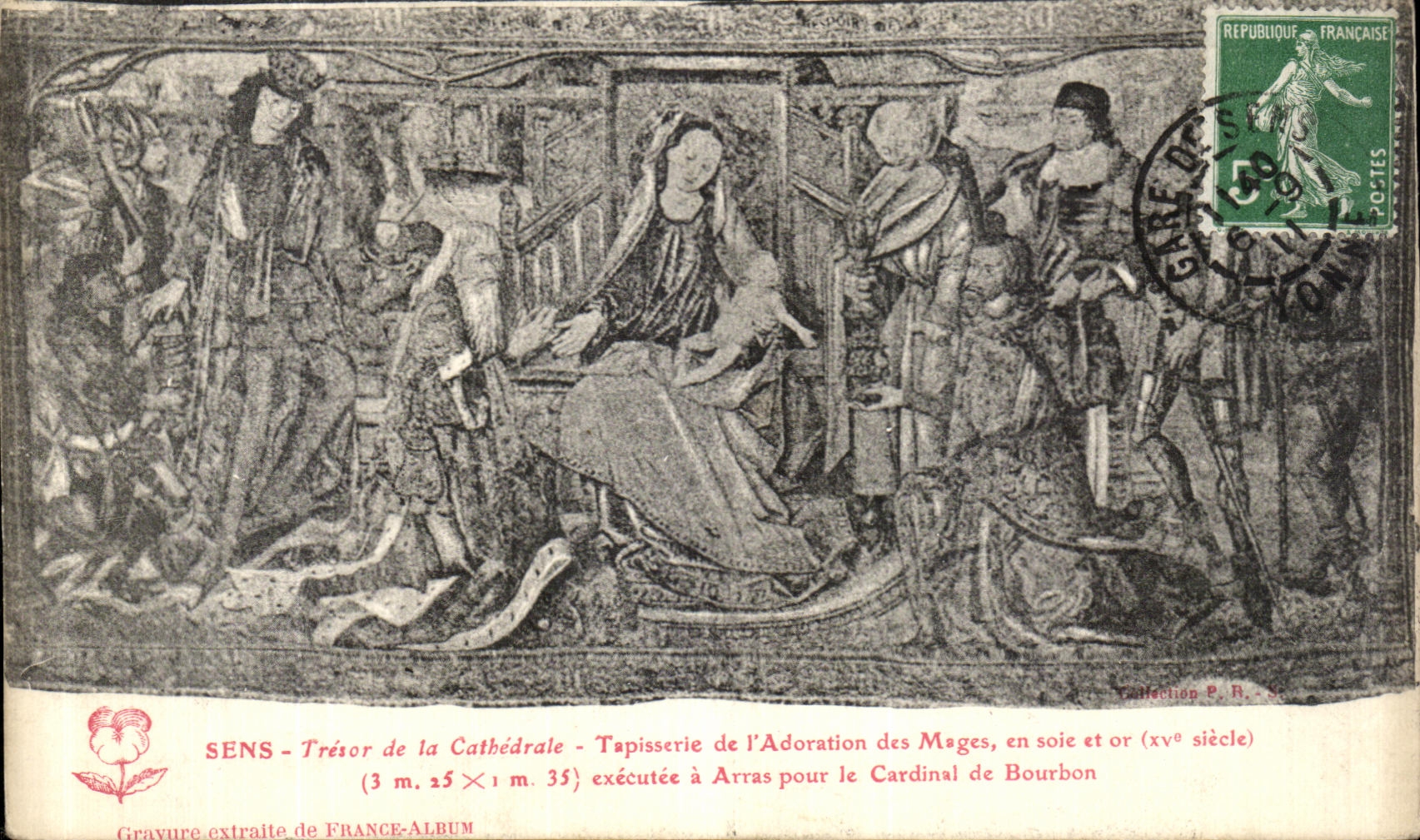 Sens - Trésor de la Cathédrale — Tapisserie de l'Adoration des Mages, en soie et or (xve siècle) — Gravure extraite de FRANCE-ALBUM